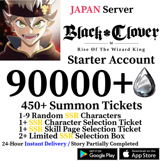 [JP] [INSTANT] 80000+ Crystals, 350+ Summon Tickets | Black Clover M Rise of the Wizard King Reroll Account