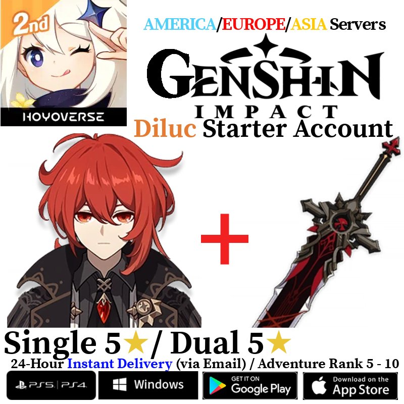 [AMERICA/EUROPE/ASIA] [INSTANT] Diluc + Wolf's Gravestone Genshin Impact Fresh Starter Account AR10 - Skye1204 Gaming Shop