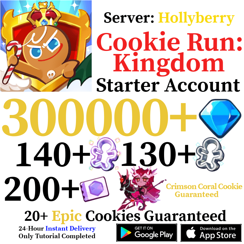 [GLOBAL/Hollyberry][INSTANT] 300,000+ Gems + Crimson Coral Cookie | Cookie Run: Kingdom Starter Reroll Account - Skye1204 Gaming Shop
