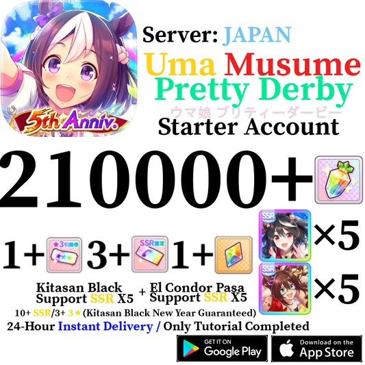 [JP] INSTANT 210000+ Gems + X5 Kitasan Black SSR + X5 El Condor Pasa SSR | Uma Musume Pretty Derby Starter Reroll Account