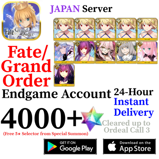 [JP] [INSTANT] NP5 Phantasmoon + Castoria + Oberon + Vitch + Skadi + Merlin + 4000+ SQ Fate Grand Order FGO Quartz Reroll Account