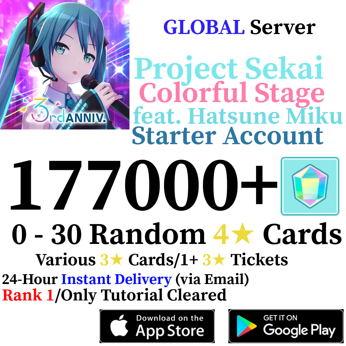 [GLOBAL] [INSTANT] 50,000-177,000+ Gems 2+ 4* Project Sekai Colorful Stage ft. Hatsune Miku PJSekai Reroll Account