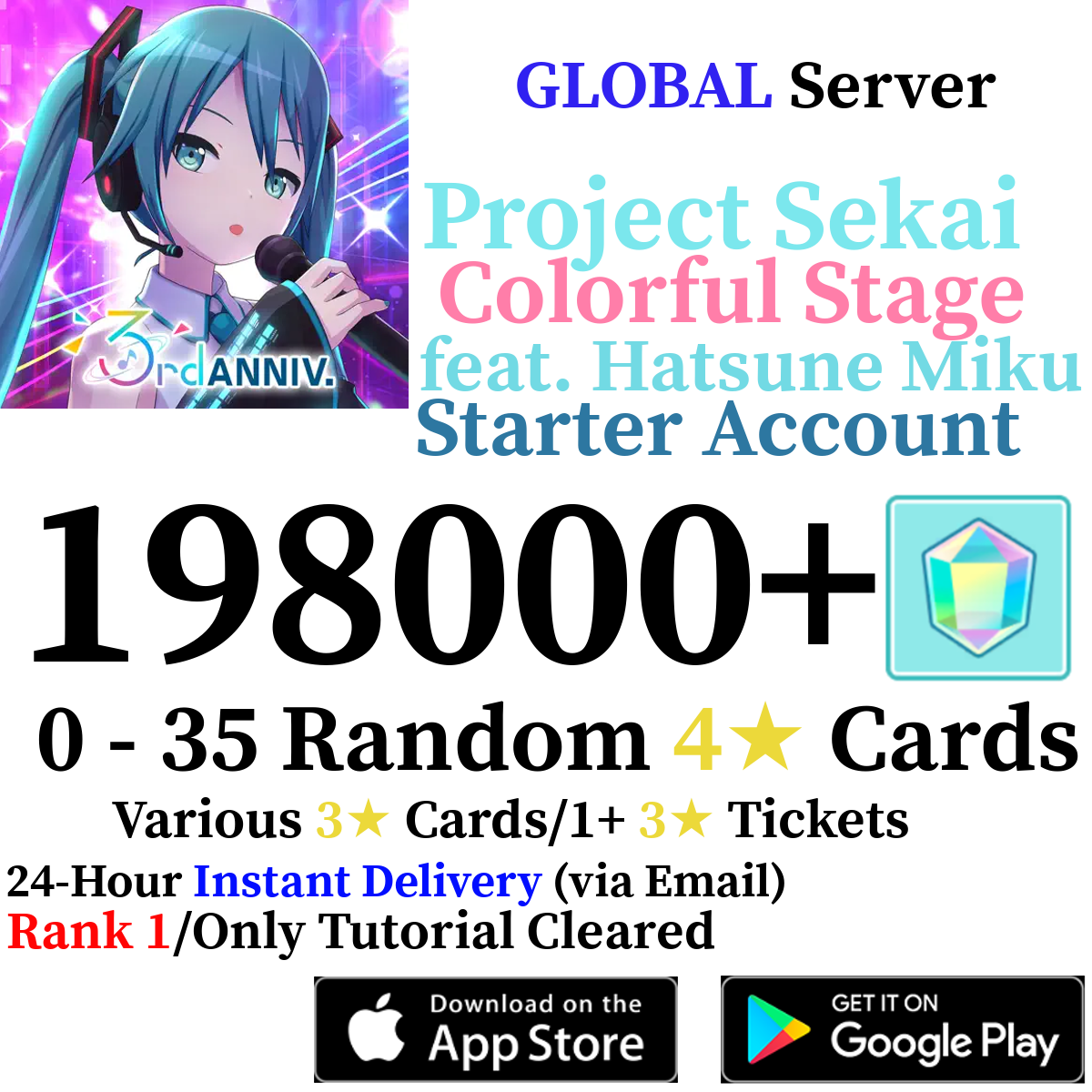[GLOBAL] [INSTANT] 50,000-198,000+ Gems 2+ 4* Project Sekai Colorful Stage ft. Hatsune Miku PJSekai Reroll Account