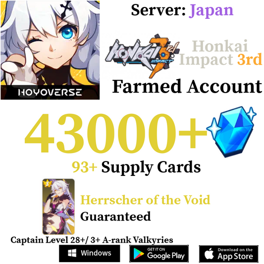 [JP][INSTANT] 43000+ Crystals Honkai Impact 3 Houkai Reroll Account