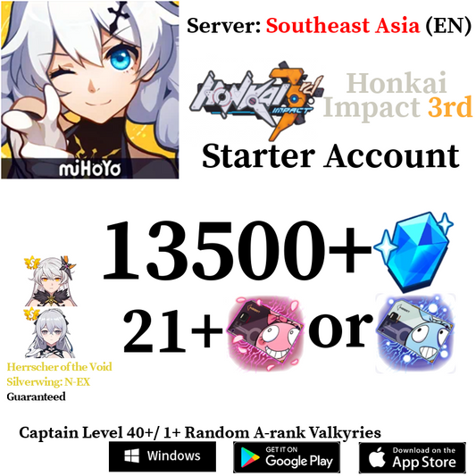 [SEA/EN][INSTANT] 13500+ Crystals Honkai Impact 3 Houkai Reroll Account
