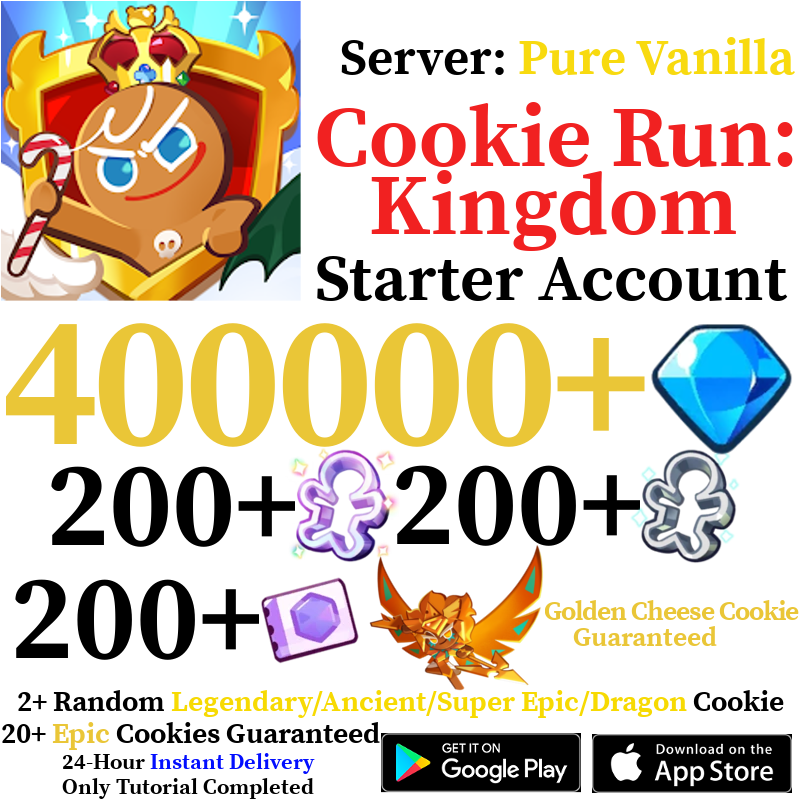 [GLOBAL/Pure Vanilla][INSTANT] 400,000+ Gems + Golden Cheese Cookie + Random Legendary/Ancient/Super Epic/Dragon Cookie | Cookie Run: Kingdom Starter Reroll Account