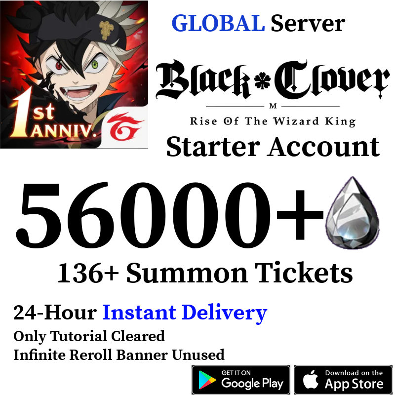 [GLOBAL] [INSTANT] (BUY 2 GET 3) 50000-56000+ Crystals, 110+ Summon Tickets | Black Clover M Rise of the Wizard King Starter Reroll Account