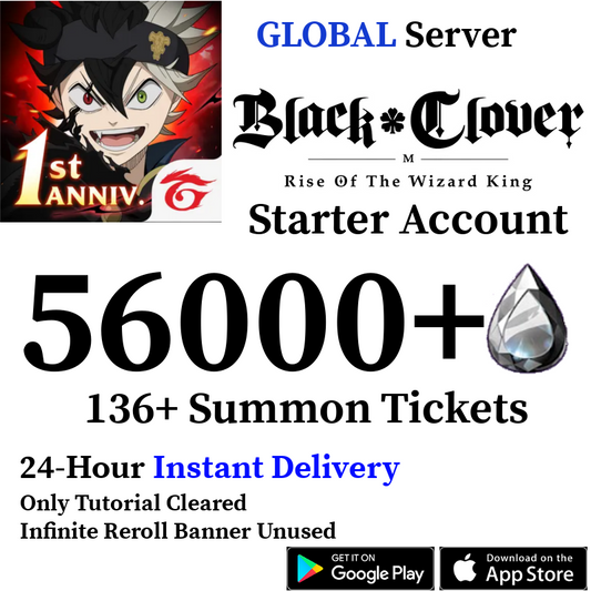 [GLOBAL] [INSTANT] (BUY 2 GET 3) 50000-56000+ Crystals, 110+ Summon Tickets | Black Clover M Rise of the Wizard King Starter Reroll Account