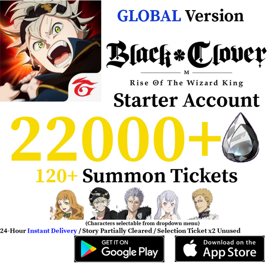 [GLOBAL] [INSTANT] 22000+ Crystals + 120+ Summon Tickets / Asta Mimosa Julius Noelle | Black Clover M Rise of the Wizard King Reroll Account