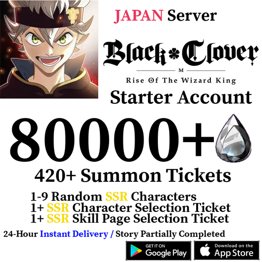 [JP] [INSTANT] 62000+ Crystals, 350+ Summon Tickets | Black Clover M Rise of the Wizard King Reroll Account