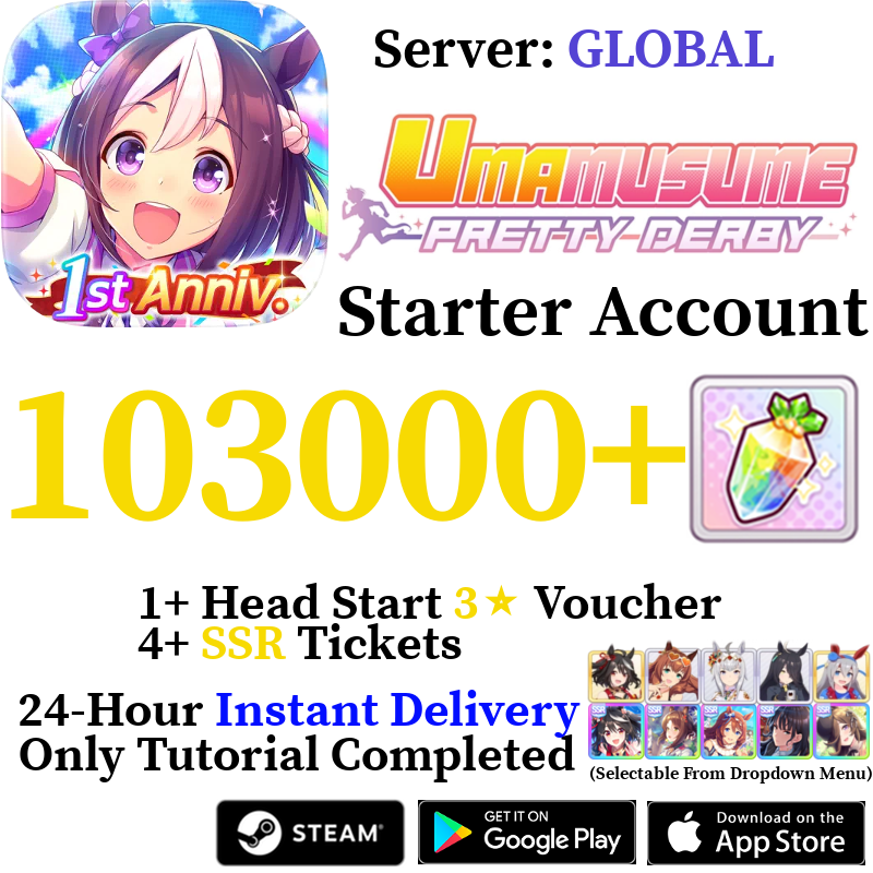 [GLOBAL] (BUY 2 GET 3) INSTANT 40000-103000+ Gems | Uma Musume Pretty Derby Starter Reroll Account