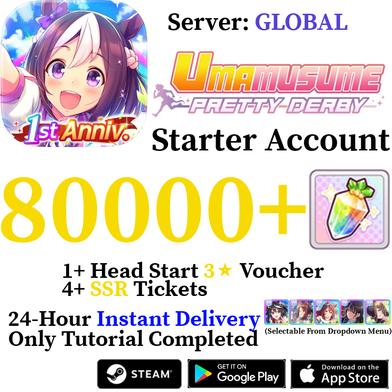 [GLOBAL] (BUY 2 GET 3) INSTANT 40000-80000+ Gems | Uma Musume Pretty Derby Starter Reroll Account