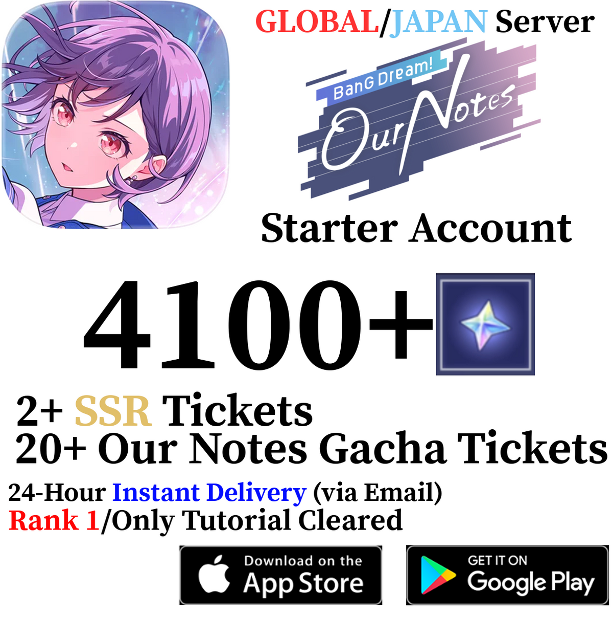 [GLOBAL/JP] INSTANT 4100+ Gems | Bandori BanG Dream! Our Notes Reroll Account