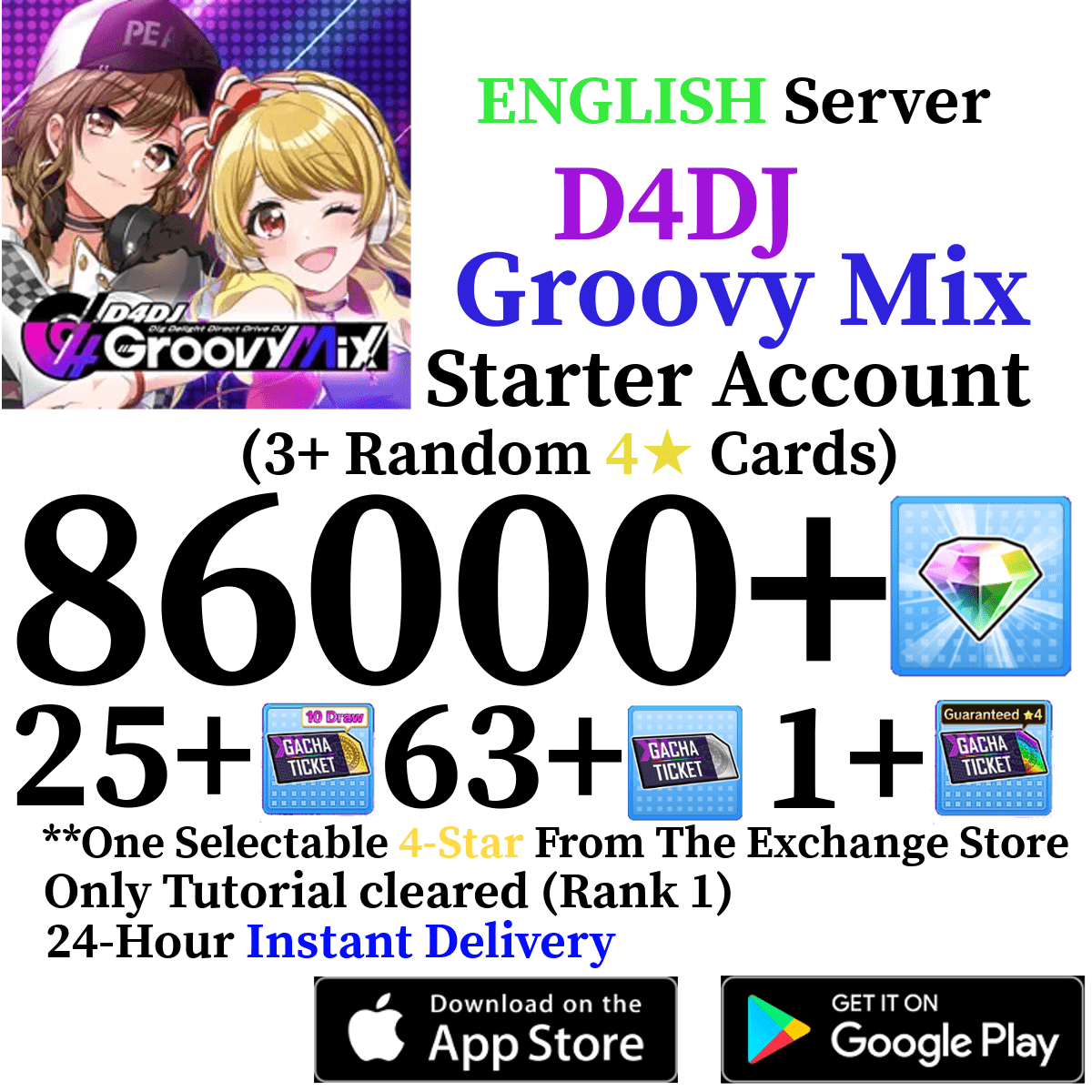 [EN] [INSTANT] 86000+ Gems + 4* | D4DJ Groovy Mix Starter Reroll Account - Skye1204 Gaming Shop